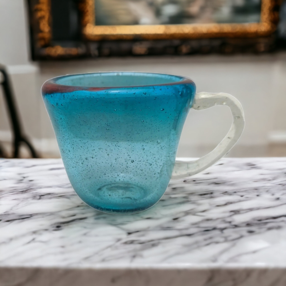 Vintage Blue Hand Blown Bubbled Thick Glass Mug Clear Applied Handle Red Rim